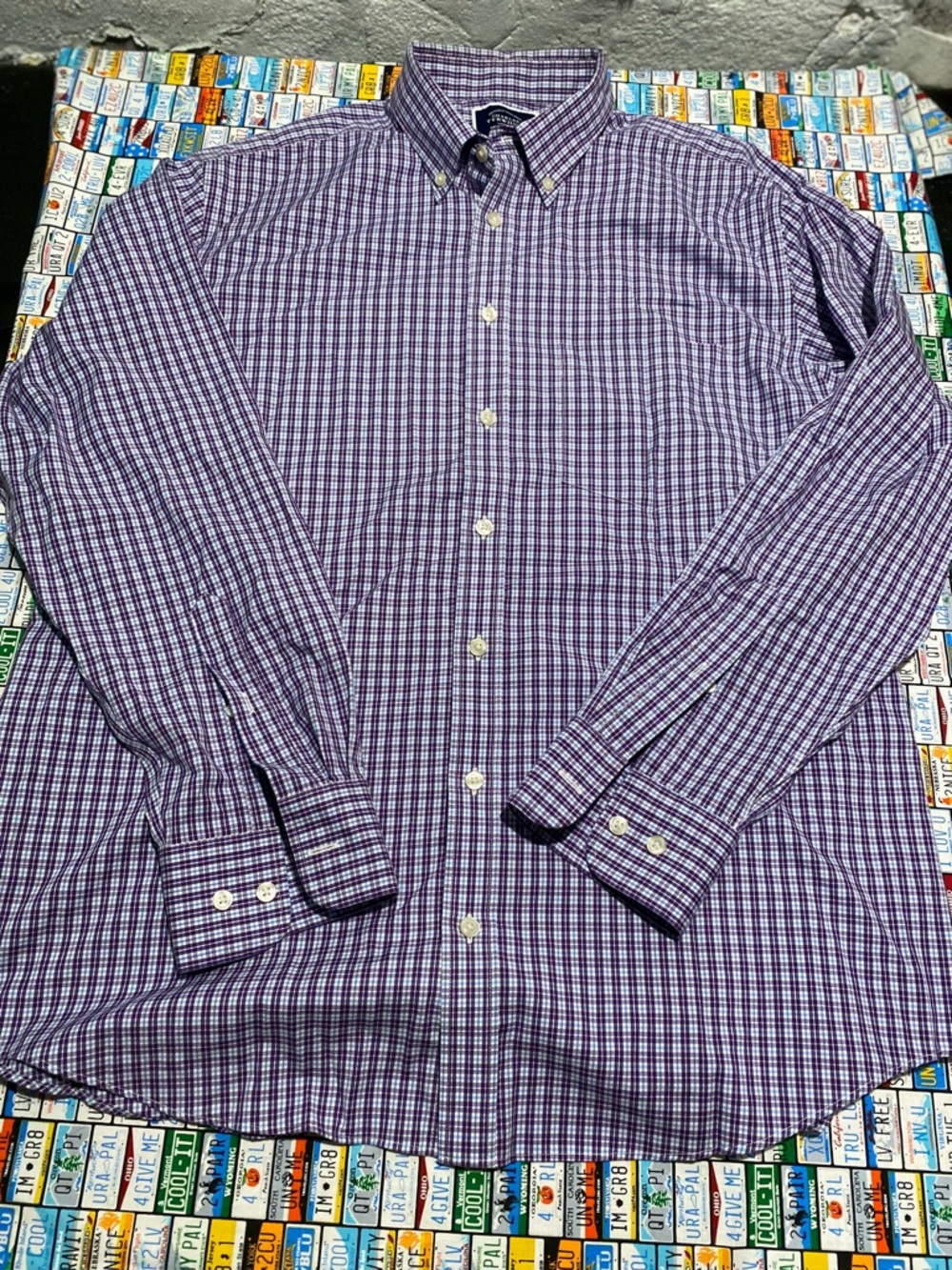 Charles Tyrwhitt   Weave Check Button Down Shirt Purple Blue Size L  Classic Fit